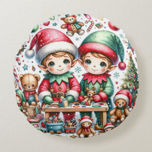 Adortable Weihnachtselfen in ihrem Spielzeugladen Rundes Kissen