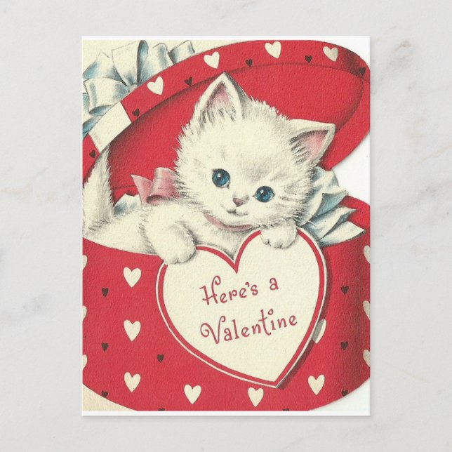 Adortable White Kitten Vintag Valentine Postkarte (Vorderseite)