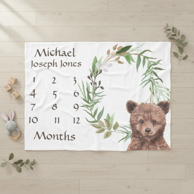 Adortable Woodland Baby Bear Milestone Keepake Fleecedecke (Von Creator hochgeladen)