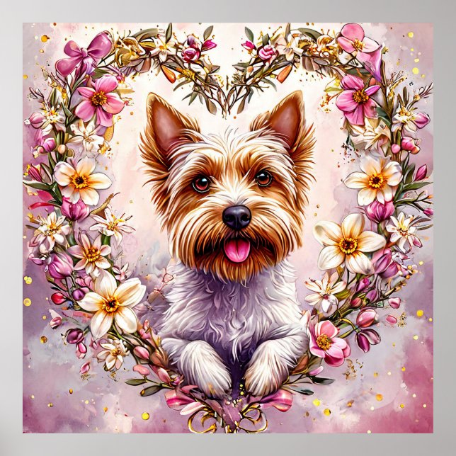Adortable Yorkie umgeben von Blumenreath Poster (Vorne)