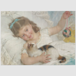 Adortable Young Girl spielend mit ihrer Hauskatze Seidenpapier