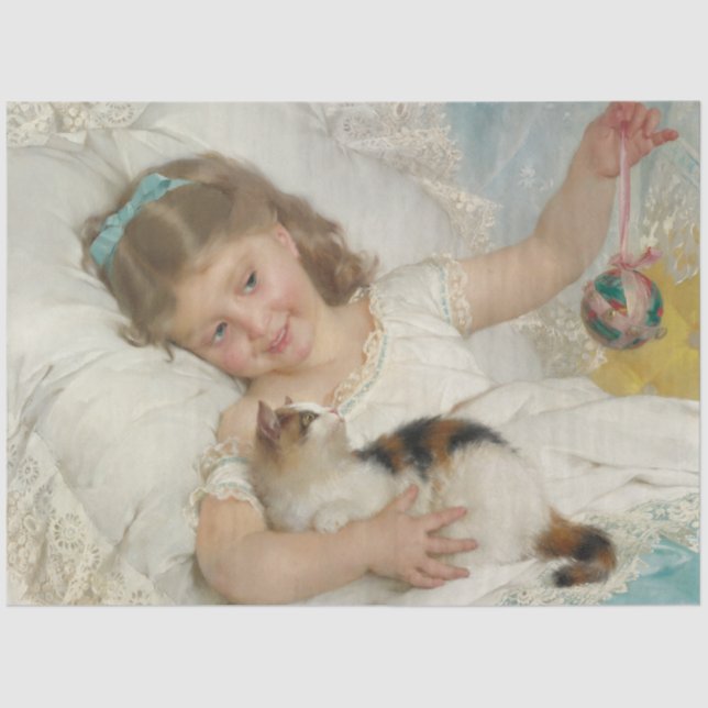 Adortable Young Girl spielend mit ihrer Hauskatze Seidenpapier (Vorderseite)