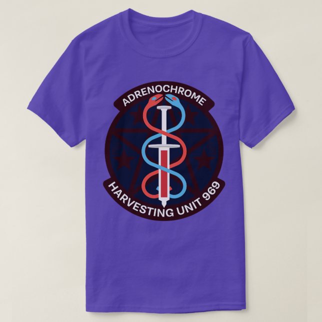 Adrenochrome Verschwörung symbolisiert Satire T-Shirt (Design vorne)
