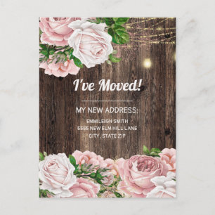 Adressänderung Pink Vintage Floral Rustikales Holz Postkarte