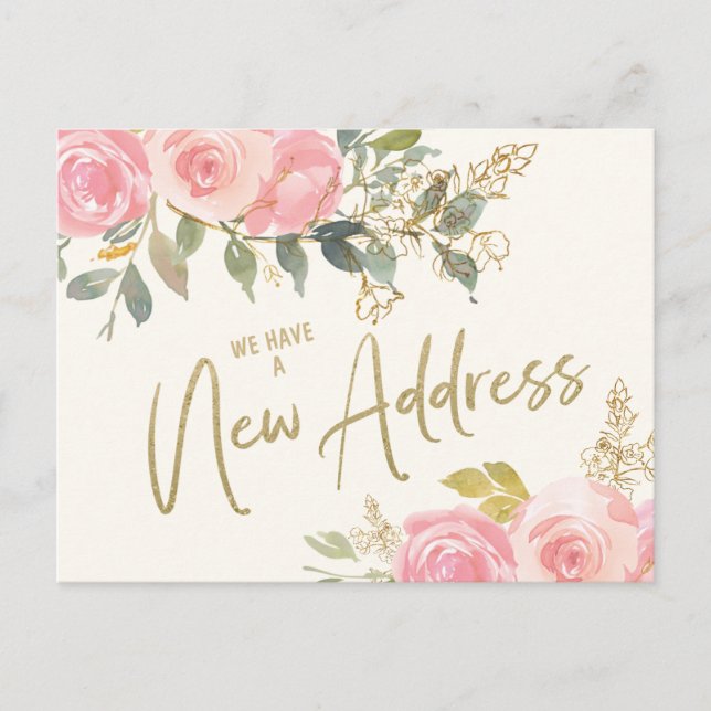Adresse ändern Elegantes Blush Pink Floral Gold Postkarte (Vorderseite)
