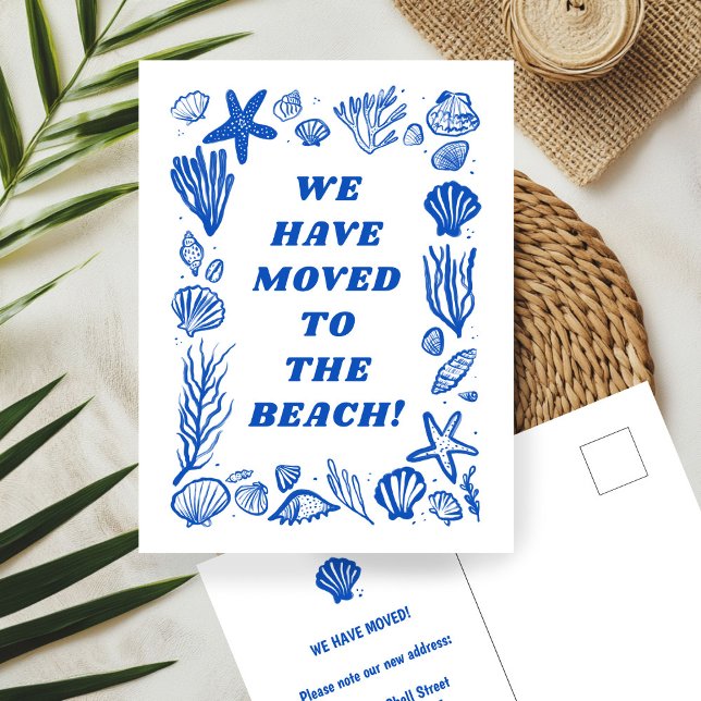 ADRESSE Blue Seashells Beach Postkarte ("We have moved to the beach" MOVING ANNOUNCEMENT NEW ADDRESS Change Blue Seashells Beach Postcard
)