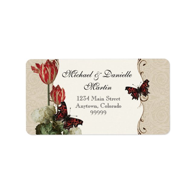 Adressenmarken - Tan n Cream Red Tulip Damask Adressaufkleber (Vorne)