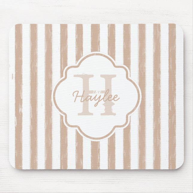 Adrettes gemaltes TAN Stripes Monogramm und Namen Mousepad (Vorne)