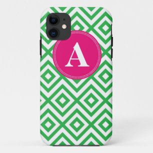 Adrettes Monogramm-Muster-rosa und grüner iPhone 11 Hülle