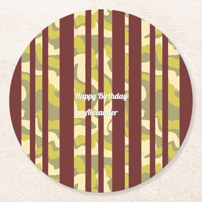 Adult Any Age Happy Birthday Camo Stripes Pattern Runder Pappuntersetzer (Vorderseite)
