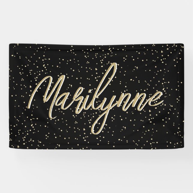 Adult Birthday Black Gold Glitzer Name Banner (Horizontal)