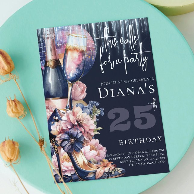 Adult Birthday Blue Pink Heel Champagne Einladung (Von Creator hochgeladen)