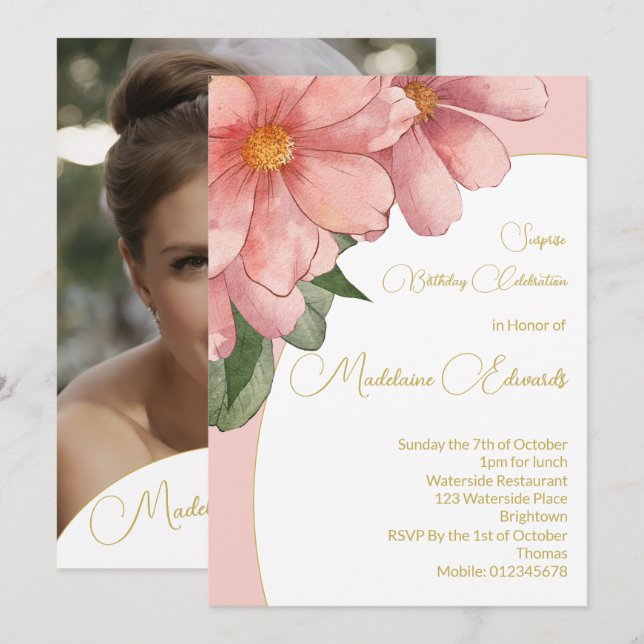 Adult Geburtstag Foto Rosa Gold Elegante Blumen Einladung (Vorne/Hinten)