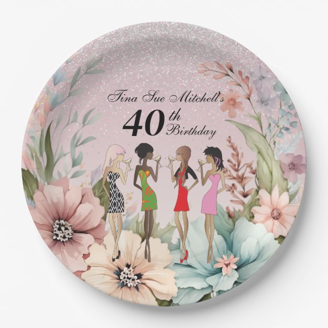 Adult Girls Spring Floral Geburtstagsparty Pappteller (Vorderseite)