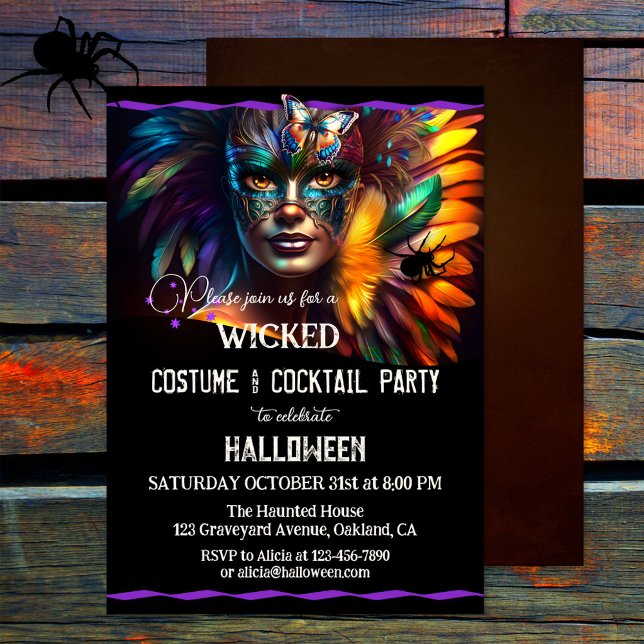 Adult Halloween Costume Cocktail Party Einladung (A colorful costume and cocktail Halloween party invitation featuring a feathered mask - adults only)