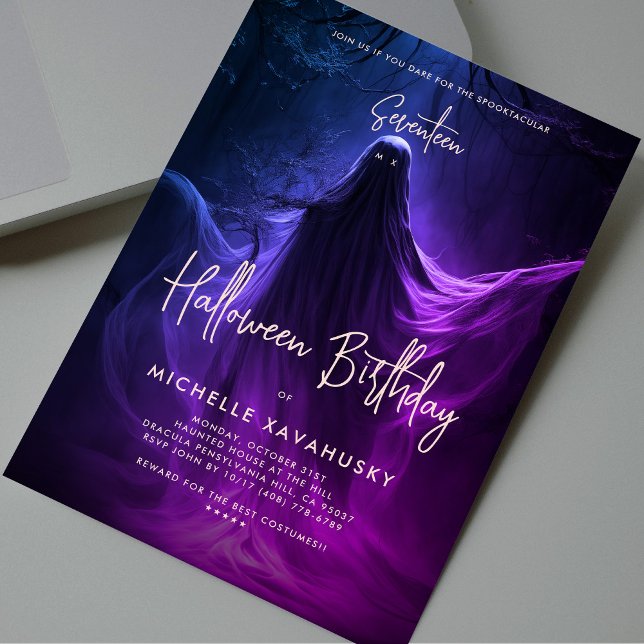 Adult Halloween Geburtstag Ghost Blau Lila Pink Einladung (Adult Halloween Birthday Ghost Blue Purple Pink Invitation
)