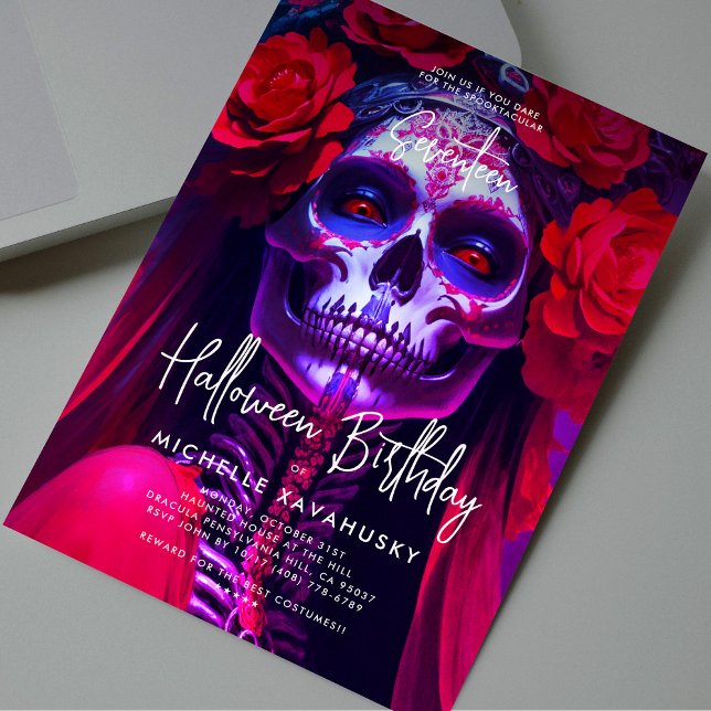 Adult Halloween Geburtstag Rote Lady Skull Moderne Einladung (Adult Halloween Birthday Red Lady Skull Modern Invitation
)