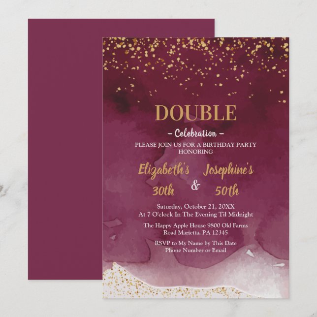 Adult Joint Birthday Party | Purple Gold Glitter Einladung (Vorne/Hinten)