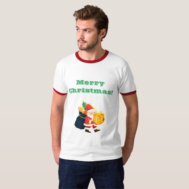 Adult M Weiße/Rote Weihnachtswünsche drucken Ringe T-Shirt (Vorne ganz)