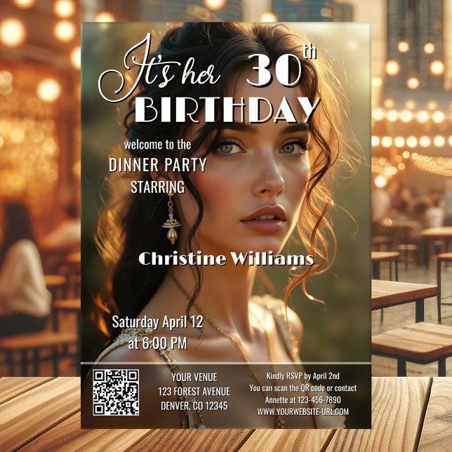 Adult Magazine Cover Stylish Birthday Einladung (Adult birthday party invitation in magazine cover style with custom photo and QR code template)