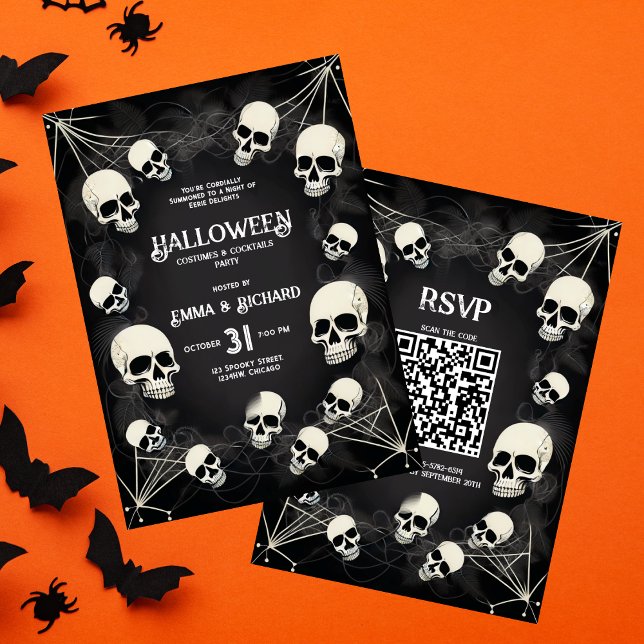 Adult Skull Spider Webs QR Code Halloween-Party Einladung (Von Creator hochgeladen)
