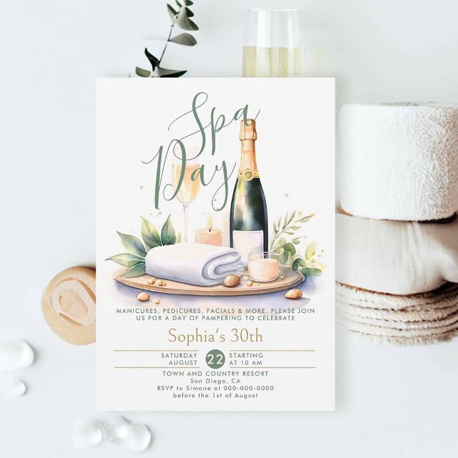 Adult Wellness-Center Day Party Aquarell Grün 30.  Einladung (adult spa party invitation 30th birthday for women elegant watercolor champagne classy modern chic)