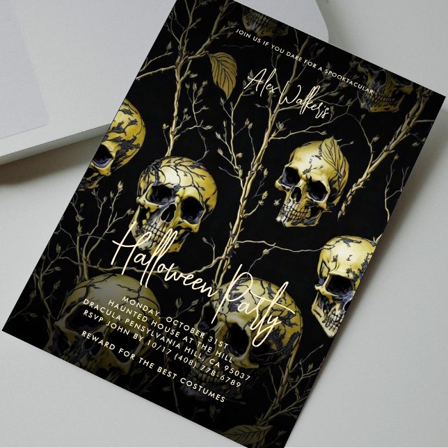 Adultes Halloween-Party Schwarzer Goldene Schädel  Einladung (Adult Halloween Party Black Gold Skull Modern Invitation
)