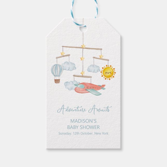 Adventure Airplane Hot Air Balloon Baby Shower  Geschenkanhänger (Vorderseite)