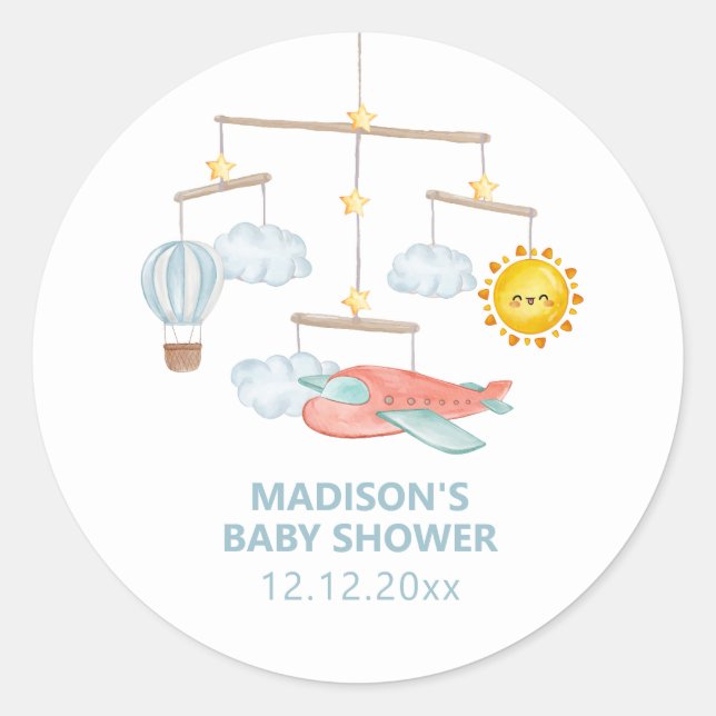 Adventure Airplane Hot Air Balloon Baby Shower  Runder Aufkleber (Vorderseite)