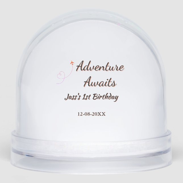 Adventure awaits 1st birthday name date planeretro schneekugeln (Vorderseite)