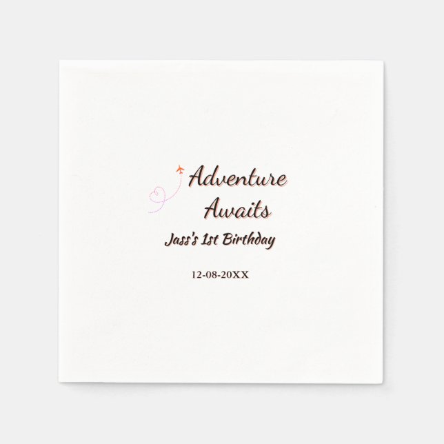 Adventure awaits 1st birthday name date planeretro serviette (Vorderseite)