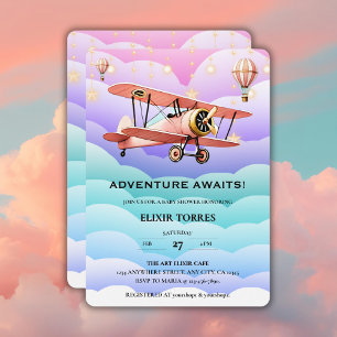 Adventure Awaits Aviation Baby Shower Einladung
