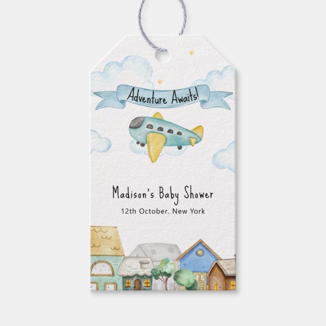 Adventure Awaits Aviator Airplane Baby Shower  Geschenkanhänger (Vorderseite)
