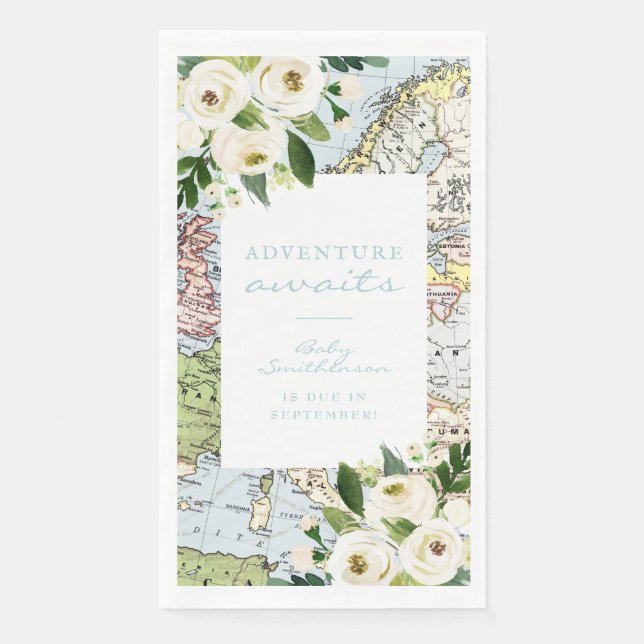 Adventure Awaits Baby Shower Floral Map Serviette (Vorderseite)