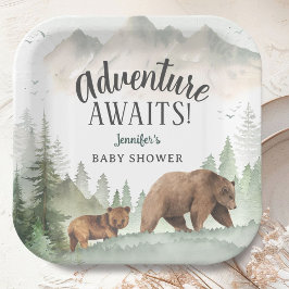 Adventure Awaits Baby Shower Woodland Forest Bear Pappteller