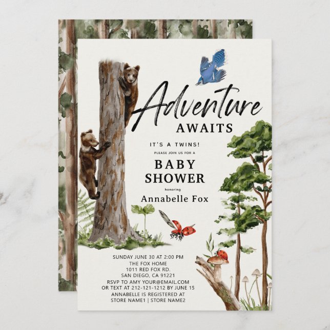 Adventure Awaits Bear Cub Twins Forest Baby Shower Einladung (Vorne/Hinten)
