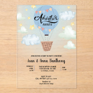 Adventure Awaits Blue Air Balloon Baby Shower Acryleinladungen