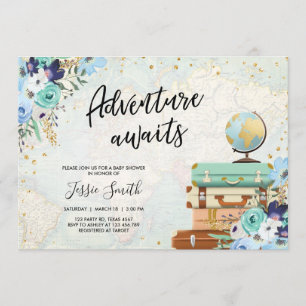 Adventure Awaits Blue Floral Travel Baby Dusche Einladung