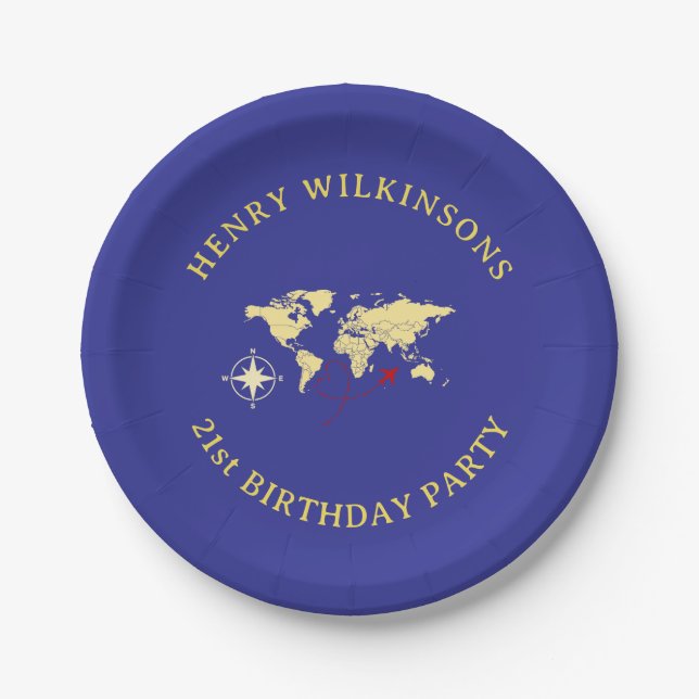 Adventure Awaits Blue Gold 21st Birthday Plates Pappteller (Vorderseite)