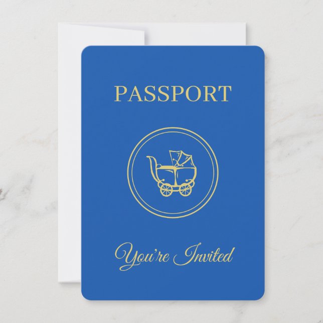 Adventure Awaits Blue Passport Baby Boy Shower Einladung (Vorderseite)