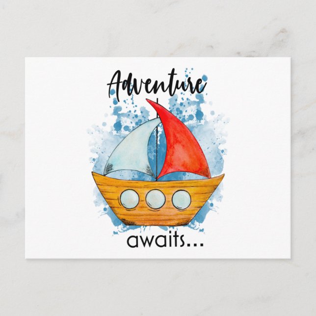 Adventure Awaits Boat Postkarte (Vorderseite)
