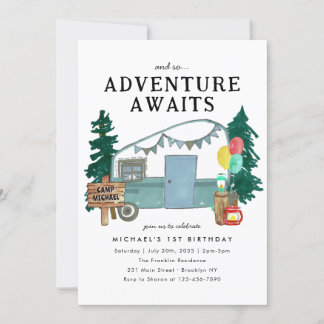 Adventure Awaits Camper Trees Camping Geburtstag Einladung