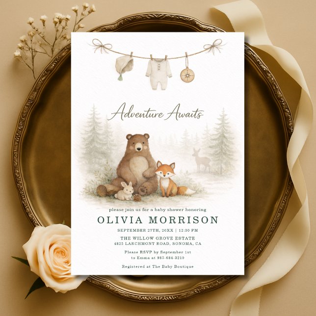 Adventure Awaits Clothesline Woodland Baby Shower Einladung (Von Creator hochgeladen)
