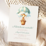 Adventure Awaits Giraffe Balloon Baby Shower Postkarte<br><div class="desc">Diese niedliche Babydusche-Einladung auf der Postkarte enthält eine süße Aquarellgiraffe in einem türkisblau gestreiften Heißluftballon,  oberhalb der Worte "Das Abenteuer erwartet!" in türkisfarbener Schrift. Personalisieren Sie den Text mit dem Namen der Mama-to-be im Skript und die Details in Sans Serif Schriftart auf einem beigen Hintergrund.</div>
