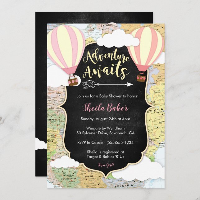 Adventure Awaits Girl Baby Shower Einladung (Vorne/Hinten)