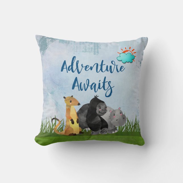 Adventure Awaits - Gorilla Hippo und Meerkat Kissen (Vorderseite)