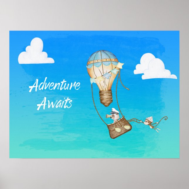 Adventure Awaits Hot Air Ballon Affe Poster (Vorne)
