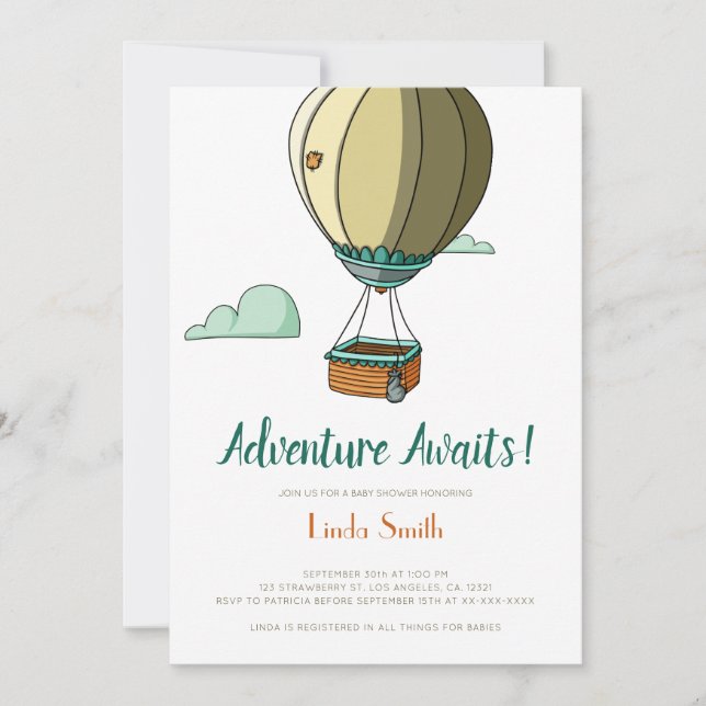 Adventure Awaits Hot Air Balloon Baby Shower Einladung (Vorderseite)