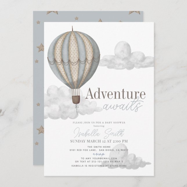 Adventure Awaits Hot Air Balloon Baby Shower Einladung (Vorne/Hinten)