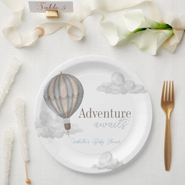 Adventure Awaits Hot Air Balloon Boy Baby Shower Pappteller (Hochzeit)